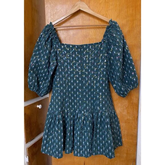 Queen Of Sparkles Green Drop Waist Denim Sequin Dress Puff Sleeves Mini Size M - Picture 7 of 8